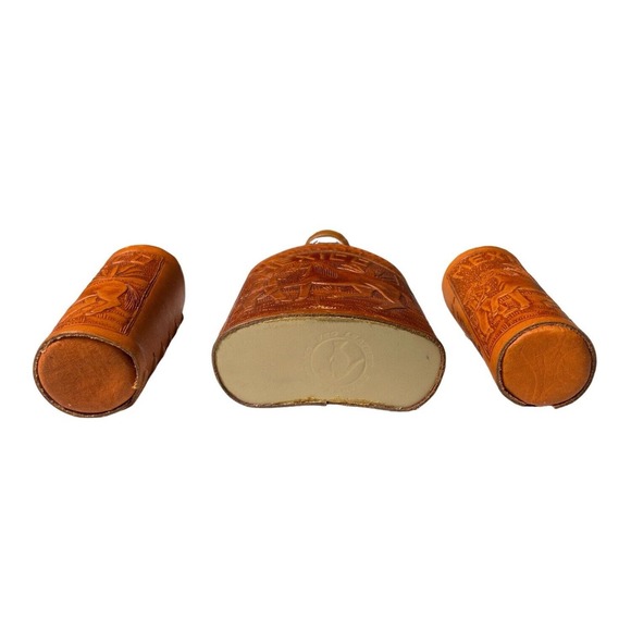 Mexico N. Progreso Hand Tooled Leather Flask Bottle And Two Shot Glasses - Picture 11 of 12